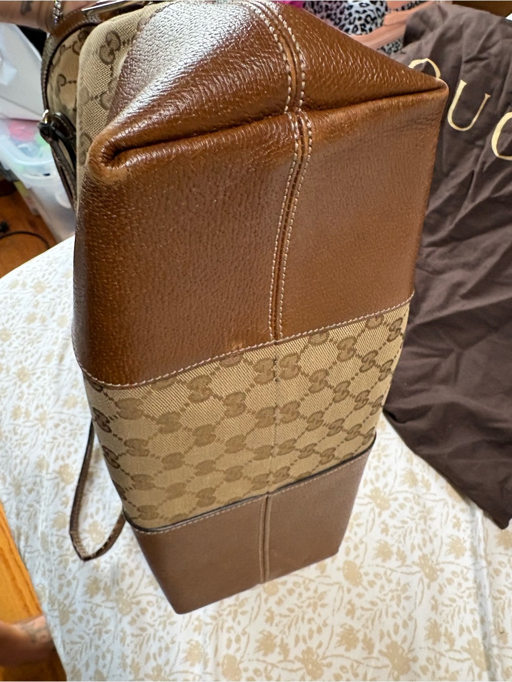 Authentic Gucci Beige GG Canvas and Brown Leather Tote - Picture 7 of 7